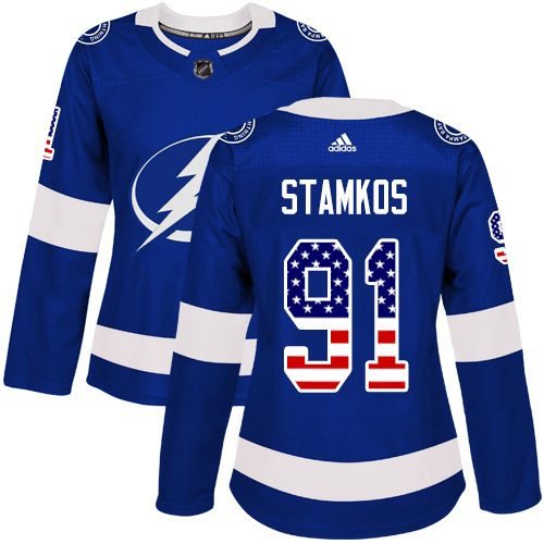 Adidas Lightning #91 Steven Stamkos Blue Home Authentic USA Flag Women's Stitched NHL Jersey - Click Image to Close